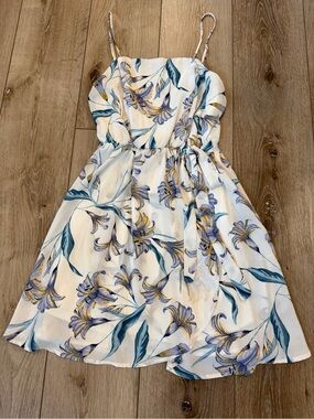 Sienna Sky White Floral Spaghetti Strap Sundress Waist Tie Colorful Blooms XS